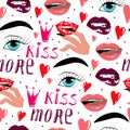 Pattern with female lips and fingers with long nails, vector seamless pattern with strawberries and painted lips, Bright summer pa Royalty Free Stock Photo